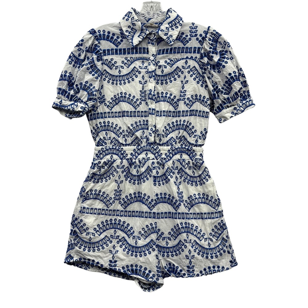 Mainstrip Women's White Blue Embroidered Eyelet Romper Jumpsuit‎ Resort Wear L